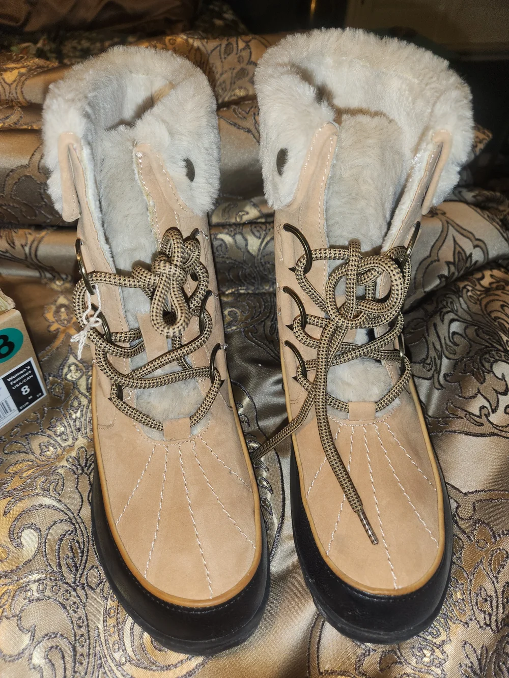 JBU Beige Faux-Fur Cuff Lace-Up Winter Boots
